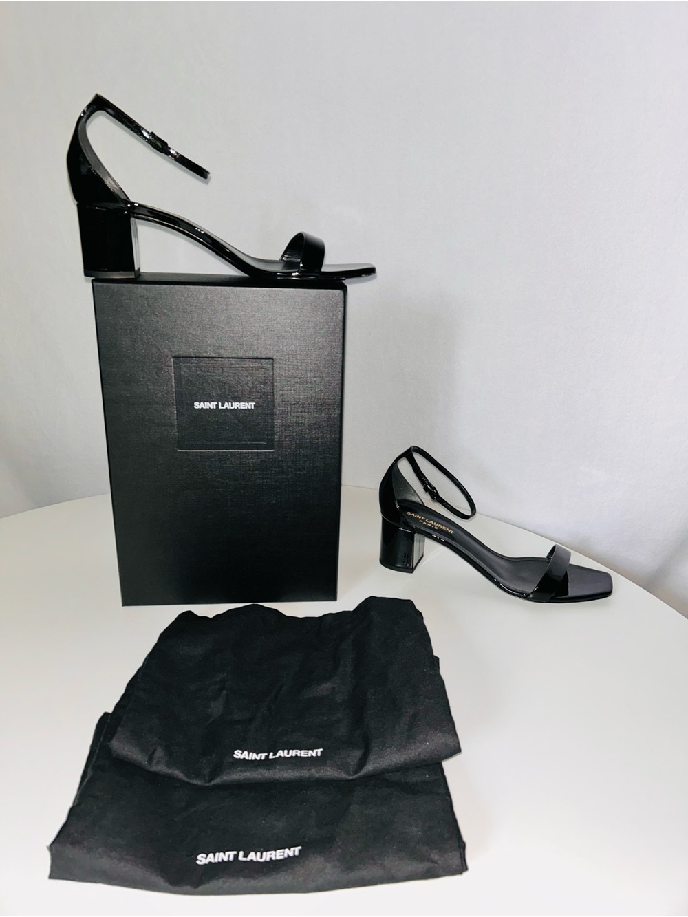 Yves Saint Laurent Black Patent Leather Ankle-Strap Block Heels Size 10 - Picture 5 of 8
